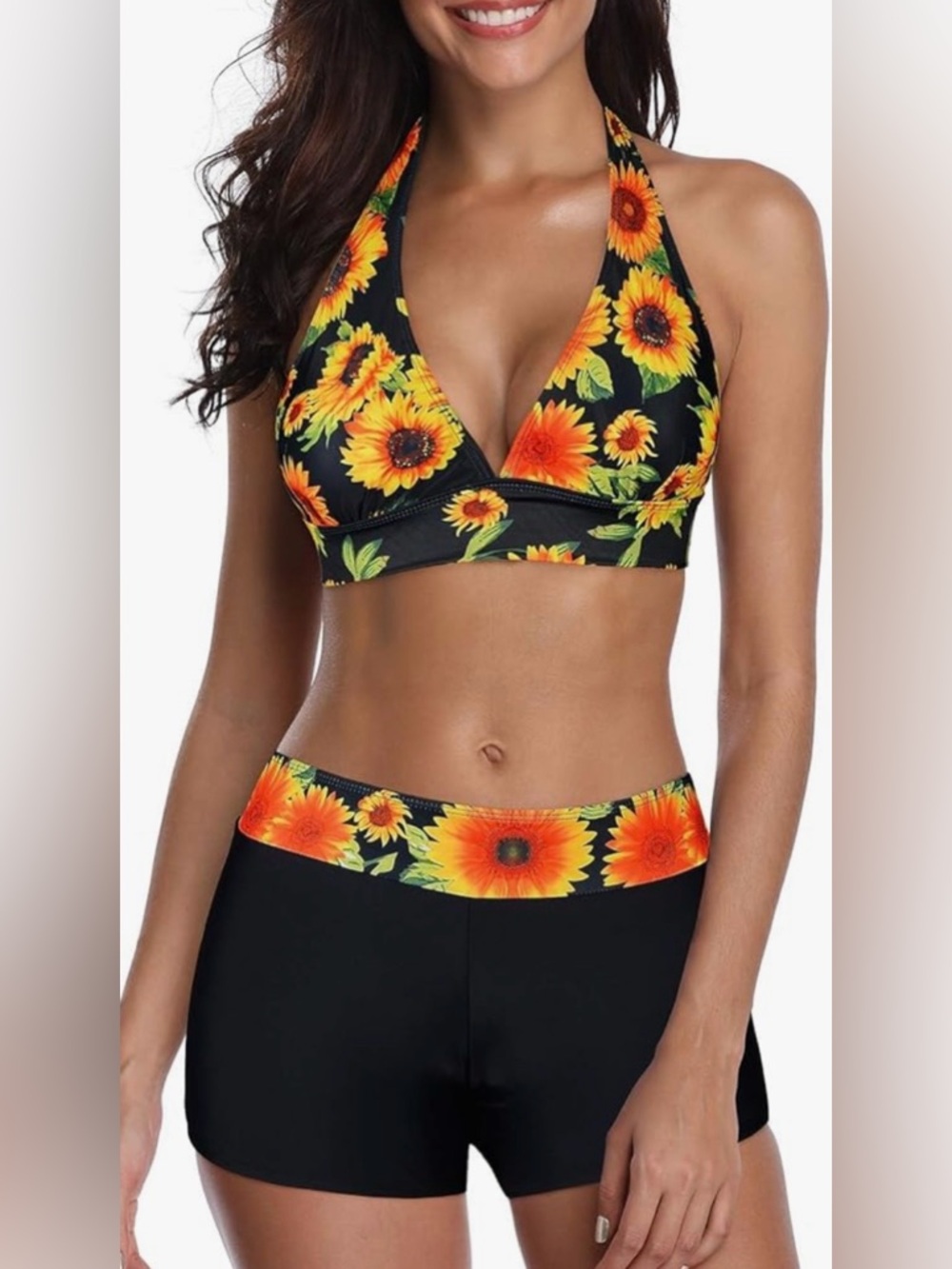 Sunflower Halter Bikini Top & Boyshorts - Black with Orange Sunflower